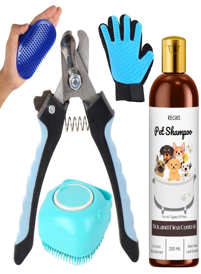 REGIIS Pet Grooming Kit with Tick and Flea Control Shampoo, 200 ML, Blue Deshedding Glove Brush, Professional Dog Cat Bath Massage Tool(Pack of 5) - Image 1